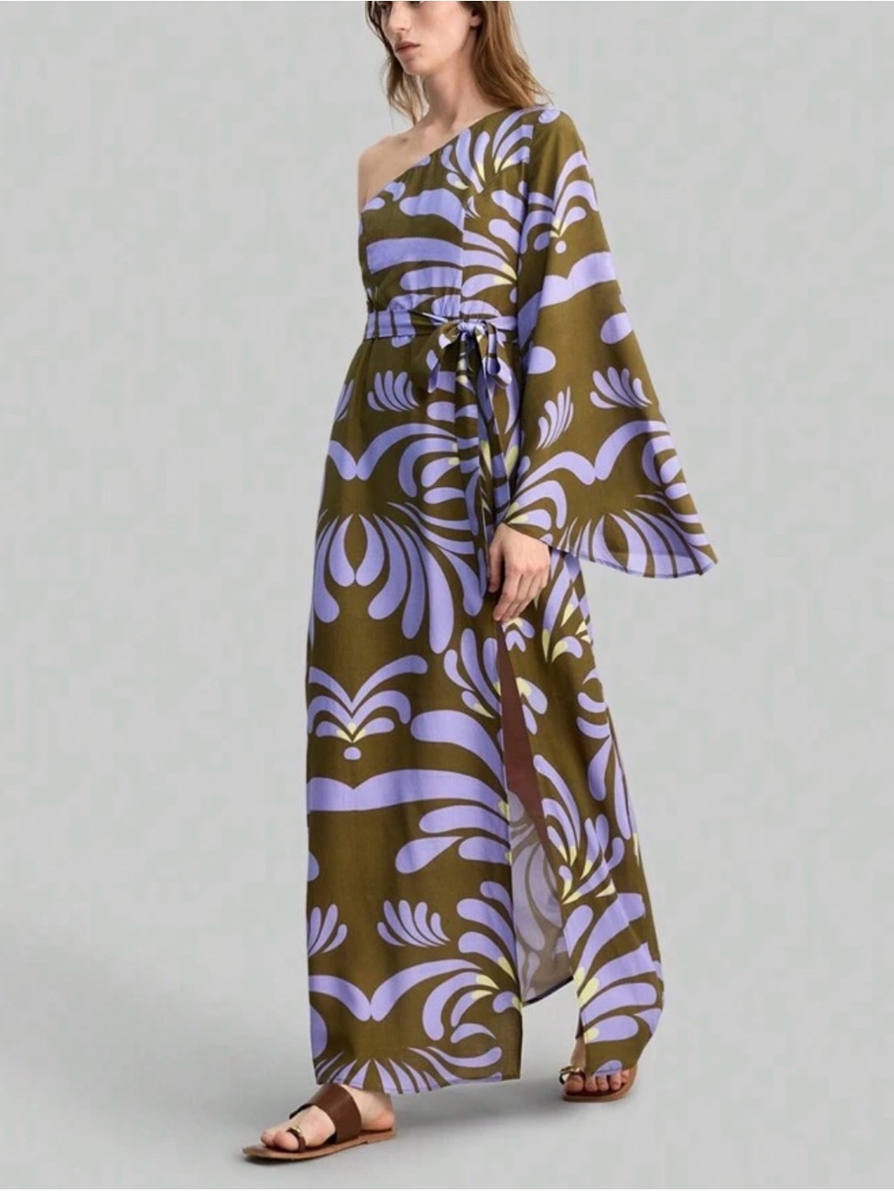 One-Shoulder Olive and Lavender Print Maxi Dress Caftan Sz S